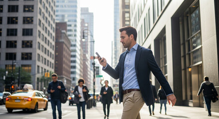 Urban Commuter Focused on his Phone: A sharply dressed businessperson strolls purposefully along a bustling city street, his attention completely engrossed in his phone.