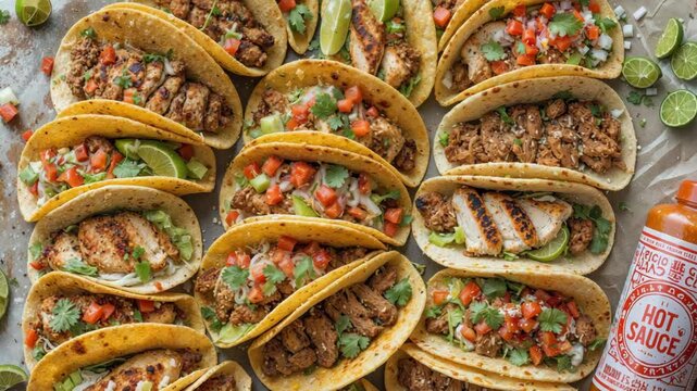 Delicious chicken and beef tacos with lime wedges and hot sauce.