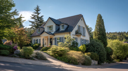 Luxury Single-Family Home in Franconian Architectural Style Surrounded by Trees and Blue Sky – Real Estate Photo from Elevated Angle