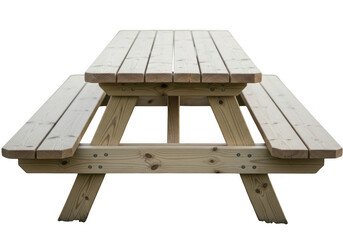 Wooden picnic table with benches isolated on transparent background