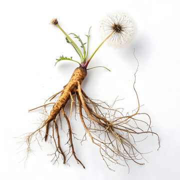 Dried dandelion root pieces on a white background, showcasing their coarse texture, earthy tones,