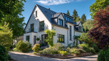 Luxury Single-Family Home in Franconian Architectural Style Surrounded by Trees and Blue Sky &ndash; Real Estate Photo from Elevated Angle