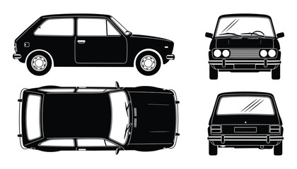 Obraz premium Compact Automotive Vector Illustration: Black Hatchback Auto in Multiple Views, Car Design