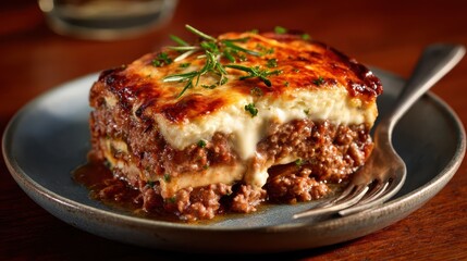 A mouthwatering slice of hearty beef lasagna, layered with rich cheeses and savory sauce, perfect for a comforting family meal any time of the year.