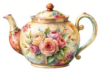 Colorful Watercolor Illustration of a Distressed Antique Teapot with Floral Patterns