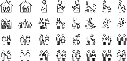 Family icons set, parents, children, pregnancy, baby care, couples, parenting, childcare, motherhood, fatherhood, relationships, family