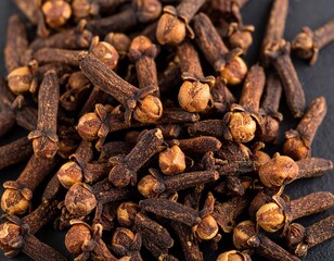 Fototapeta premium Macro photo of whole dried cloves scattered elegantly on a smooth black surface