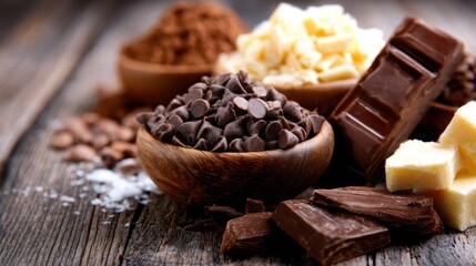 A stunning array of different chocolates and cocoa pieces displayed on a rustic wooden table, evoking indulgence, enjoyment, and the pleasure of rich flavors.