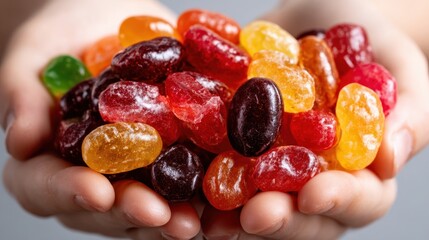A delightful collection of bright jelly beans held in hands, representing joy and sweetness, perfect for candy lovers and festive gatherings.