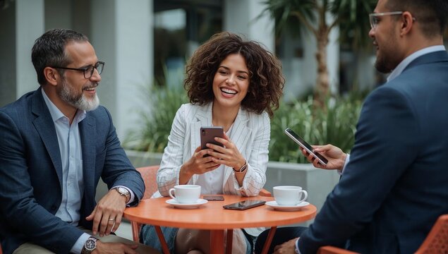 Businesswoman smiles while using her phone at a coffee break with colleagues - Powered by Adobe