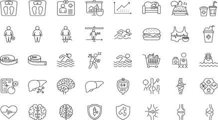 Healthcare and obesity prevention icons set with fitness, BMI, nutrition, liver health, exercise, and medical symbols