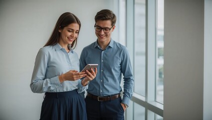 Smiling business colleagues looking at smartphone screen together in modern office