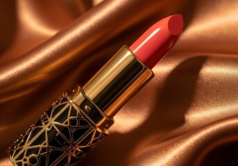 A vibrant red lipstick tube, a classic symbol of beauty and glamour, is isolated on a dark background