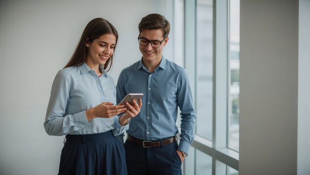 Smiling business colleagues looking at smartphone screen together in modern office - Powered by Adobe