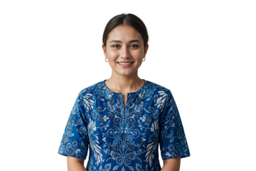 portrait of a smiling young woman in a traditional blue batik, isolated on transparent cutout background, cut out, png