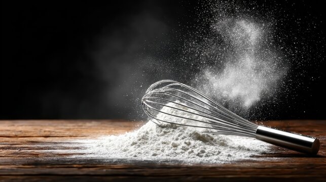 This artistic image captures a stainless steel whisk surrounded by a cloud of flour, creating a dynamic and abstract representation of baking, culinary creativity, and action in the kitchen.