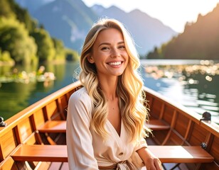 Smiling blonde woman enjoying a tranquil boat ride on a serene lake