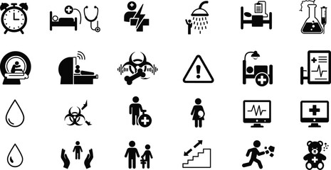 Medical icons set, healthcare symbols, hospital equipment, emergency signs, patient care, laboratory, diagnosis, safety, treatment vector