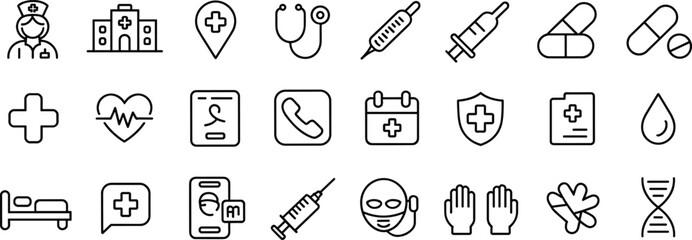 Medical icons set, healthcare symbols, hospital, nurse, doctor tools, medicine, syringe, pills, stethoscope, heart, DNA