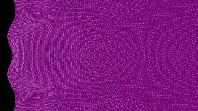 Dynamic purple wireframe mesh undulating in 3D space. Abstract digital wave form with a grid texture creates a futuristic, technological, and flowing motion graphic against a black background. - Powered by Adobe