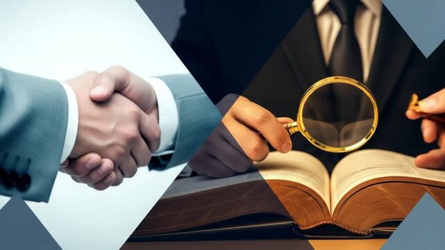 A split image showing a handshake and a person inspecting a book with a magnifying glass carefully