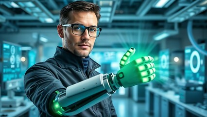 Futuristic Man with Robotic Arm, Tech Innovation - Artificial intel.