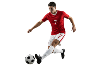 Soccer Player Kicking Ball, isolated on transparent cutout background, cut out, png