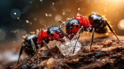 A stunning macro shot showcasing red ants interacting with a crystal, illustrating their teamwork and intricate connections within their environment.