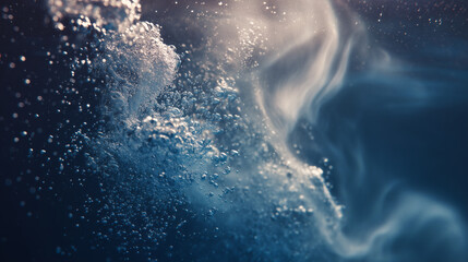 Macro Shot of Underwater Air Bubbles Rising in Swimming Pool with Shimmering Light and Deep Blue Tones – Abstract Cinematic Luxury Aesthetic