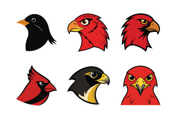 Bold Red Bird Head Illustrations Featuring Cardinals, Hawks and Blackbirds - Ideal for Sports Logos, Stickers, and Creative Desings.