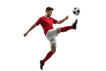 Male athlete kicking a soccer ball
, isolated on transparent cutout background, cut out, png