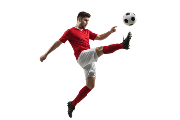 Male athlete kicking a soccer ball
, isolated on transparent cutout background, cut out, png