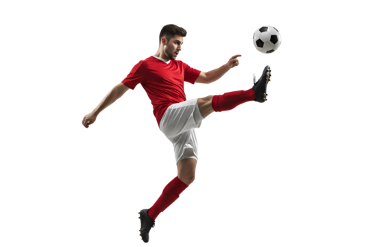 Male athlete kicking a soccer ball
, isolated on transparent cutout background, cut out, png