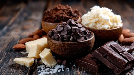A tantalizing variety of chocolate ingredients, including cocoa powder and chips, are beautifully arranged in wooden bowls, showcasing their rich textures and flavors.