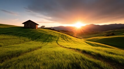 Fototapeta premium A picturesque sunrise casts a golden glow over rolling green hills, highlighting a solitary rustic cabin surrounded by nature's beauty and tranquility.