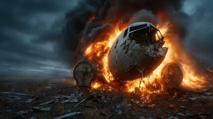A catastrophic airplane crash is depicted, showcasing intense flames and destruction amidst a dramatic, stormy sky, symbolizing chaos and loss in a gripping visual.