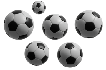 Set of classic black and white soccer balls, isolated on transparent cutout background, cut out, png
