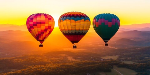 Fototapeta premium Spectacular hot air balloons soaring over landscape at sunrise or sunset