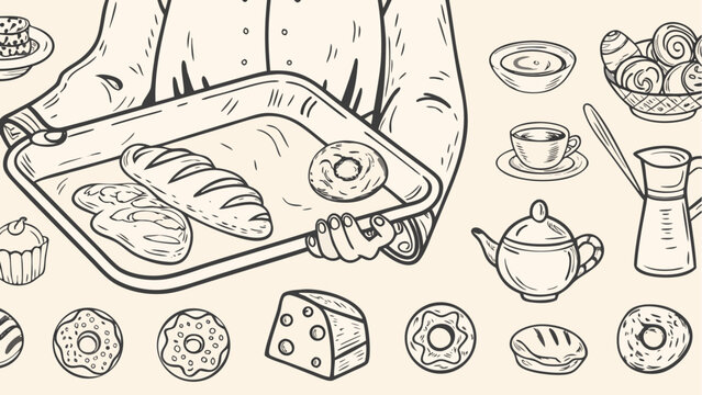Chef holding a tray with bread and donut surrounded by pastries and coffee related items sketch