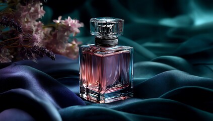 Luxury Perfume Bottle with Pink Liquid and Floral Accents on Draped Silk fragrance glass