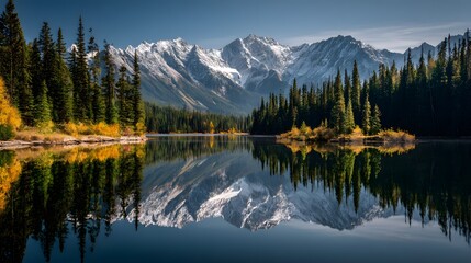 Tranquil Autumn Landscape with Mountains, Pine Trees, and Calm Water

