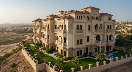 Naklejka premium Exclusive Ornate urban townhouse overlooking scenic hills in Dubai for Sale Dream Home