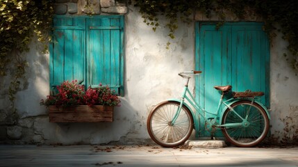 A charming vintage bicycle leaned against a rustic wall adorned with turquoise windows and blooming flowers, evoking nostalgia and a sense of beauty and adventure.