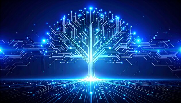 Abstract digital tree design with glowing circuit board patterns