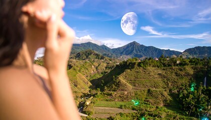 Woman gazing at a mountainous landscape under a moonlit sky