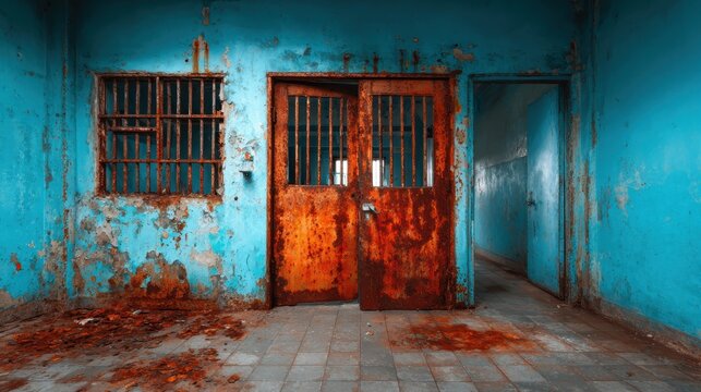 An eerie view of rusty prison doors set against a vibrant blue wall, capturing the stark contrast between decay and bold color, evoking a sense of forgotten spaces.