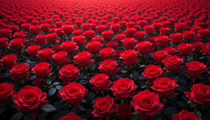 red roses, vast field of red roses, sea of crimson blossoms, endless expanse of ruby flowers, carpet of scarlet petals, crimson rose garden, lush red rose landscape, vibrant rose field, 32K Resolution