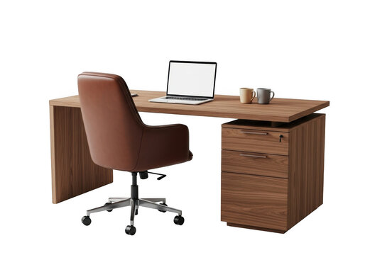 3d Brown leather office chair and wooden desk with laptop isolated on transparent background