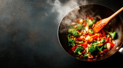 A delicious close-up of colorful stir-fried vegetables sizzling in a wok, highlighting a fresh and healthy cooking style, evoking a sense of appetite and flavor.