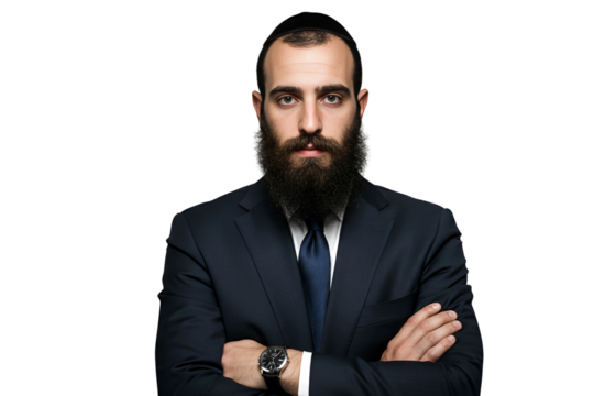 Portrait of a confident Jewish businessman with a long beard and arms crossed, isolated on transparent cutout background, cut out, png